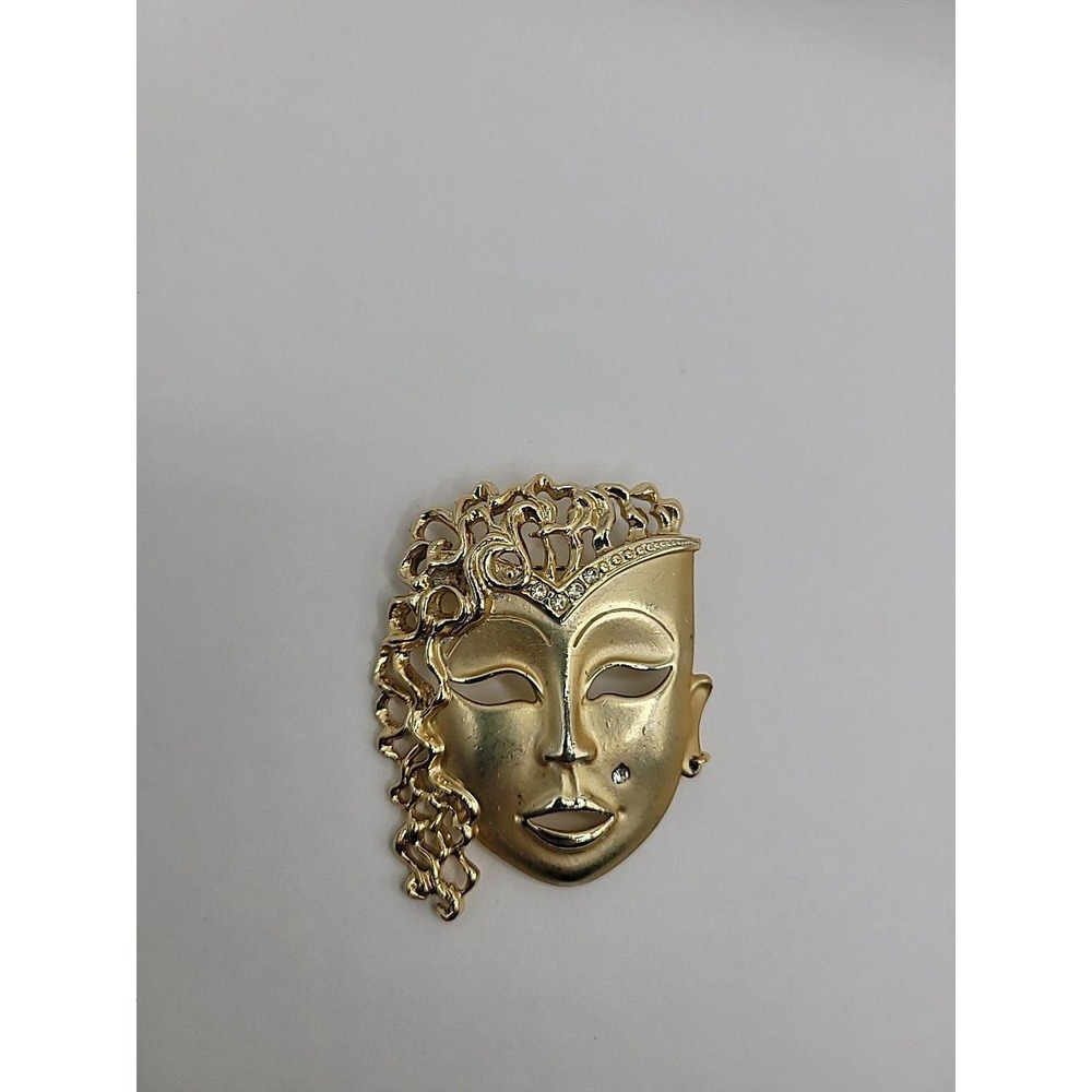Vintage Gold Tone Drama Mask Brooch pin Rhinestone Beauty Mark Theatrical Face - Picture 6 of 10
